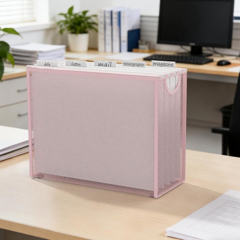 Sinboun Hanging File Organizer Letter-Size File Holder Filing Box Includes 5 Hanging Folders - Metal Mesh Magazine Letter Storage Cabinets File Cart for Office Home School, No Assembly Required Pink - Image 4